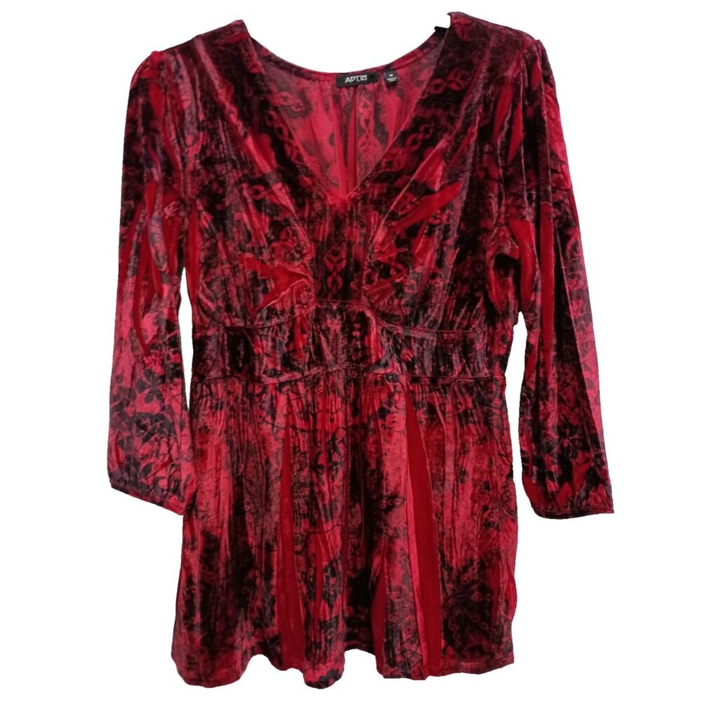 Y2K APT.9 Womens Babydoll Top Medium Red Velvet Floral 3/4 Sleeve BOHO Holiday